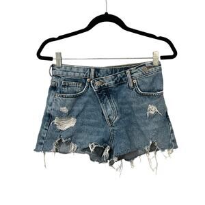 Forever 21, Cross-Over Waist Denim Shorts, Frayed, Size 25, 1399C